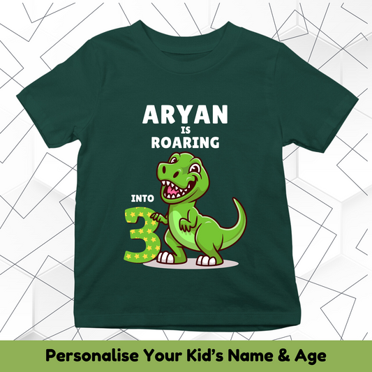 Roaring Into Custom Age With Custom Kid Name - Birthday Tee