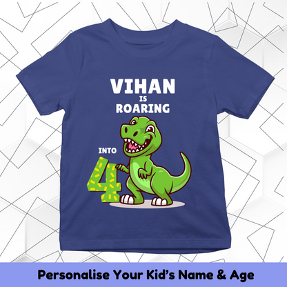 Roaring Into Custom Age With Custom Kid Name - Birthday Tee