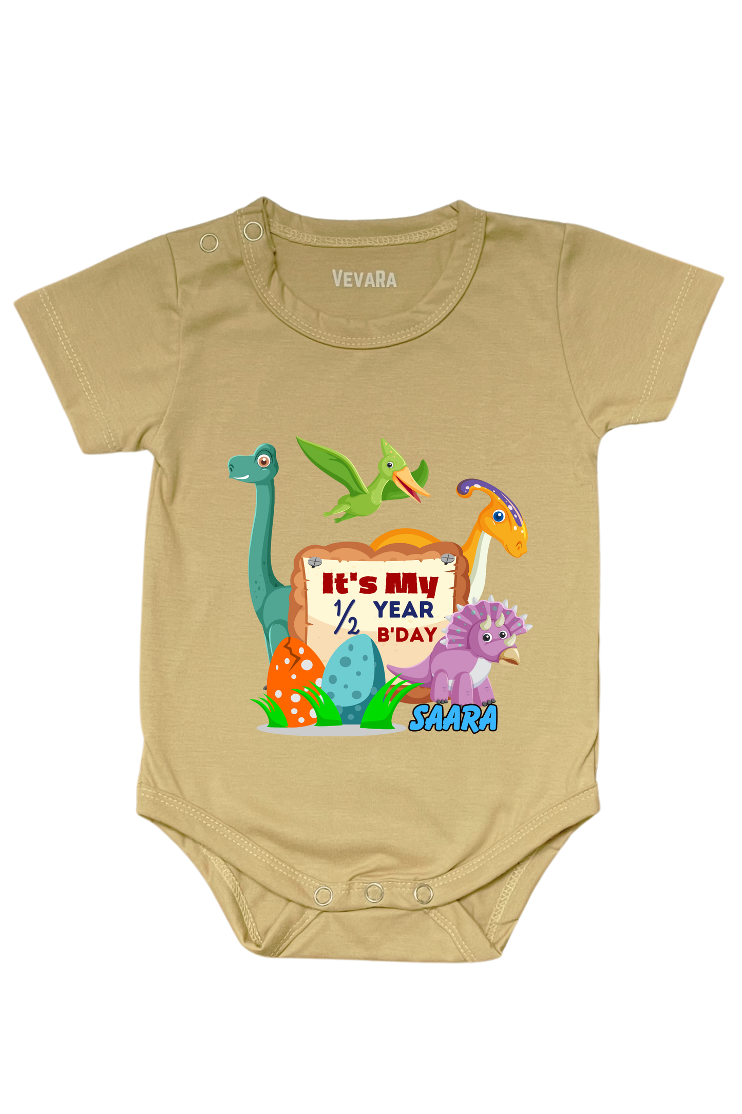 Dino Six Month Milestone With Custom Baby Name - Romper