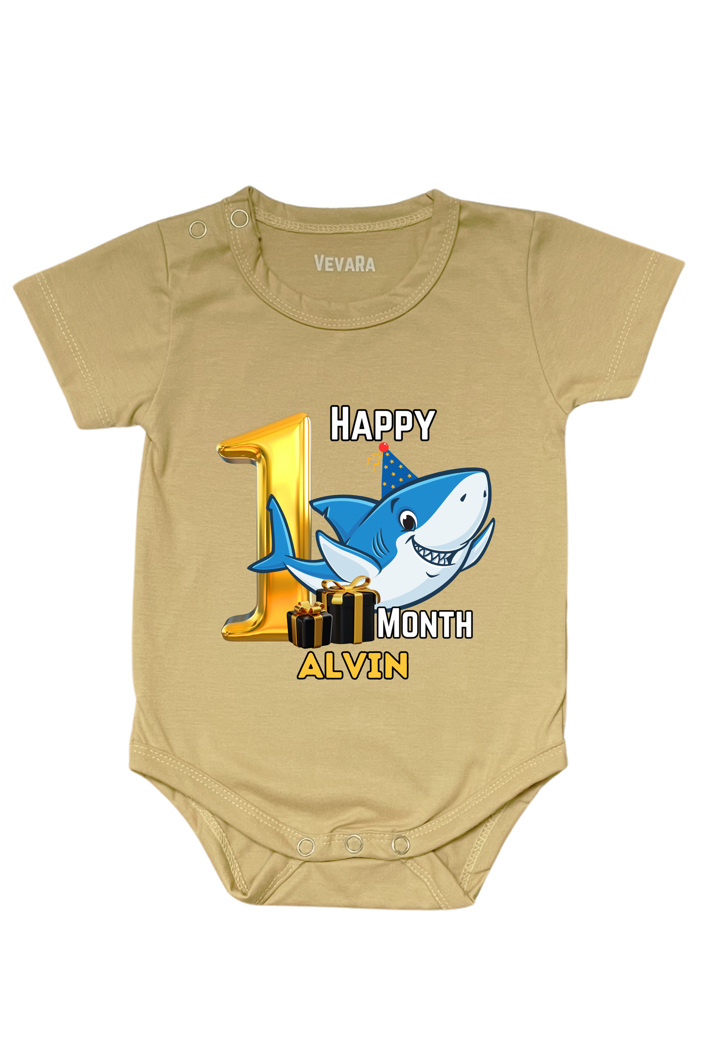 Shark One Month Milestone With Custom Baby Name - Romper