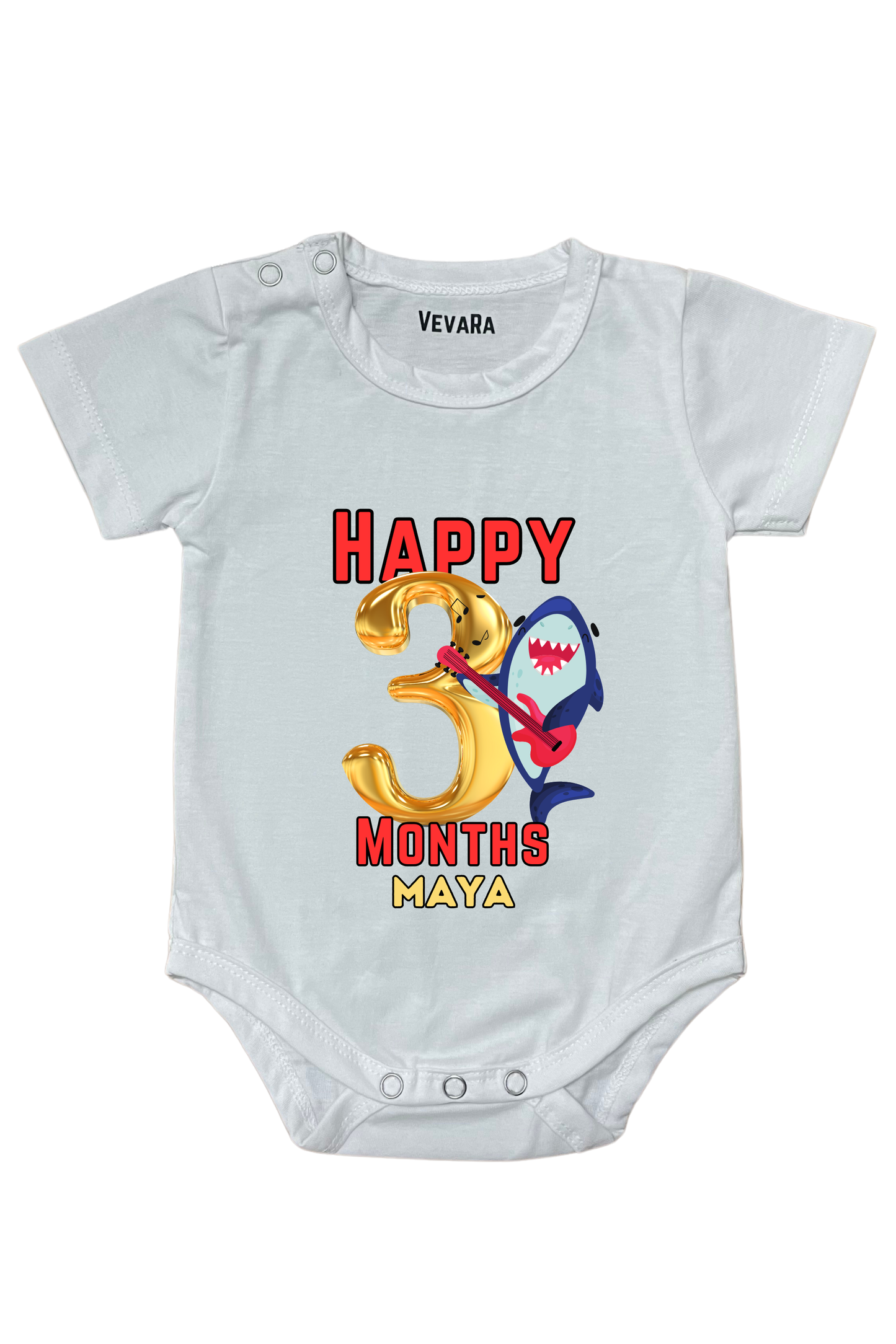 Shark Three Month Milestone With Custom Baby Name - Romper